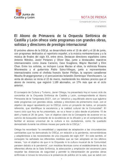 El Abono de Primavera de la Orquesta Sinfónica de Castilla y León ofrece siete programas con grandes obras