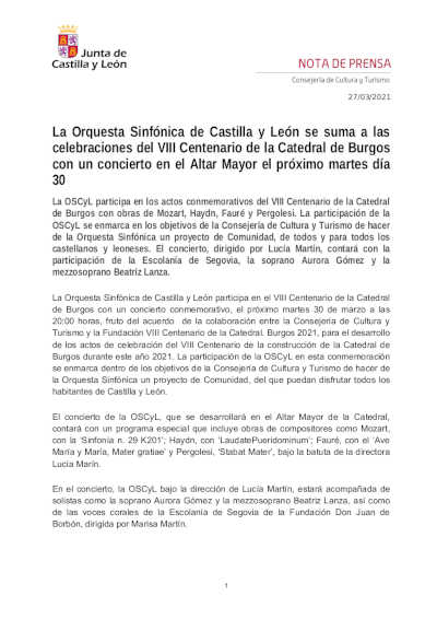 La Orquesta Sinfónica de Castilla y León se suma a las celebraciones del VIII Centenario de la Catedral de Burgos