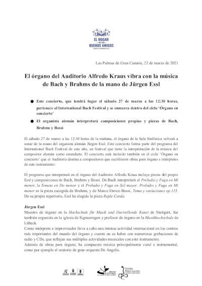 El órgano del Auditorio Alfredo Kraus vibra con la música de Bach y Brahms de la mano de Jürgen Essl