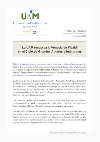 La UAM recuerda la Venecia de Vivaldi en el Ciclo de Grandes Autores e Intérpretes