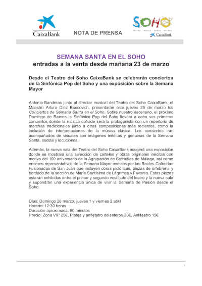 El Teatro del Soho CaixaBank pone a la venta las entradas de «Semana Santa en el SOHO»