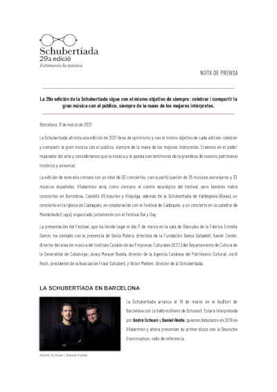 La 29º edición de la Schubertíada sigue con el mismo objetivo de celebrar y compartir de la mano de los mejores intérpretes