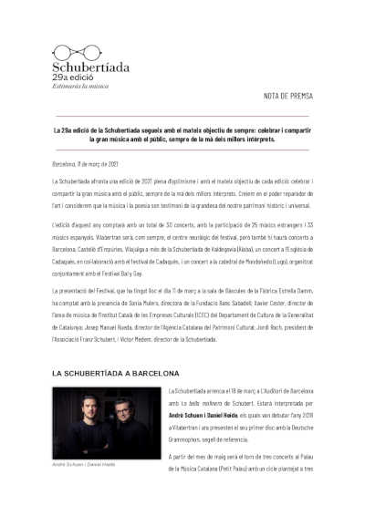 La 29º edición de la Schubertíada sigue con el mismo objetivo de celebrar y compartir de la mano de los mejores intérpretes