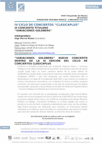 «Variaciones Goldeberg» es el nuevo concierto dentro del IV Ciclo de Conciertos CLÁSICAPLUS