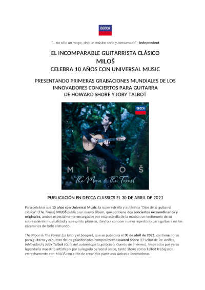 El guitarrista clásico MILOŠ celebra 10 años con Universal Music con un nuevo álbum