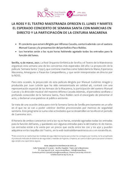 La ROSS y el Teatro de la Maestranza ofrecen el esperado concierto de Semana Santa