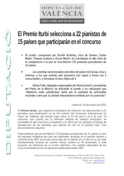 El Premio Iturbi selecciona a 22 pianistas de 15 países que participarán en el concurso
