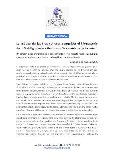 Las tres culturas se citan en el Monasterio de la Valldigna este sábado con ‘Los músicos de Urueña’