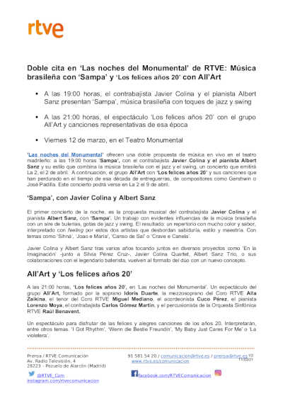 Doble cita en ‘Las noches del Monumental’ de RTVE: Música brasileña con ‘Sampa’ y ‘Los felices años 20’ con All’Art