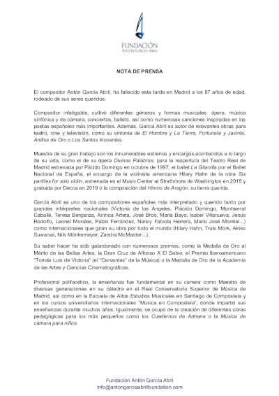 El compositor Antón García Abril ha fallecido en Madrid a los 87 años, rodeado de sus seres queridos