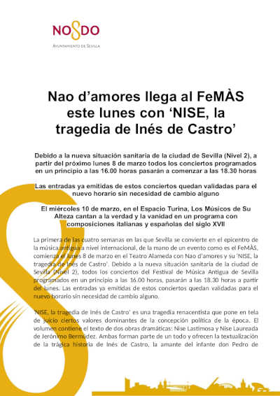 Nao d’amores llega al FeMÀS este lunes con ‘NISE, la tragedia de Inés de Castro’ Nao d’amores llega al FeMÀS este lunes con ‘NISE, la tragedia de Inés de Castro’