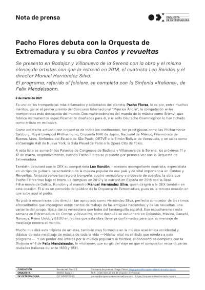 Pacho Flores debuta con la Orquesta de Extremadura y su obra Cantos y Revueltas