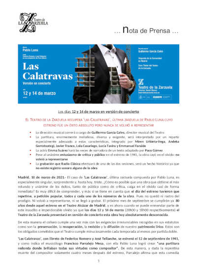 Teatro de la Zarzuela recupera ‘las Calatravas’, última zarzuela de Pablo Luna cuyo estreno fue un éxito absoluto