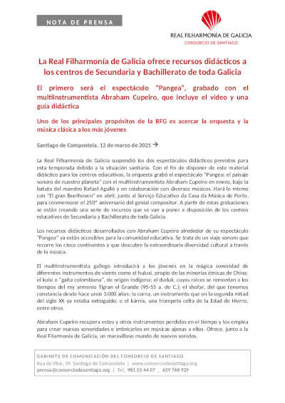 La Real Filharmonía de Galicia ofrece recursos didácticos a los centros de Secundaria y Bachillerato de toda Galicia