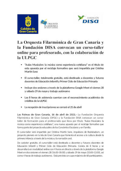 La Orquesta Filarmónica de Gran Canaria y la Fundación DISA convocan un curso-taller online para profesorado La Orquesta Filarmónica de Gran Canaria y la Fundación DISA convocan un curso-taller online para profesorado