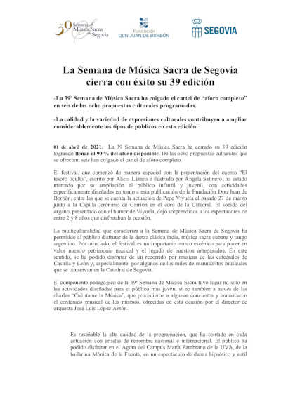 La Semana de Música Sacra de Segovia cierra con éxito su 39 edición