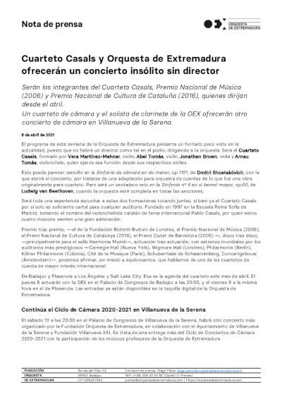 El Cuarteto Casals y la Orquesta de Extremadura ofrecerán un concierto insólito sin director