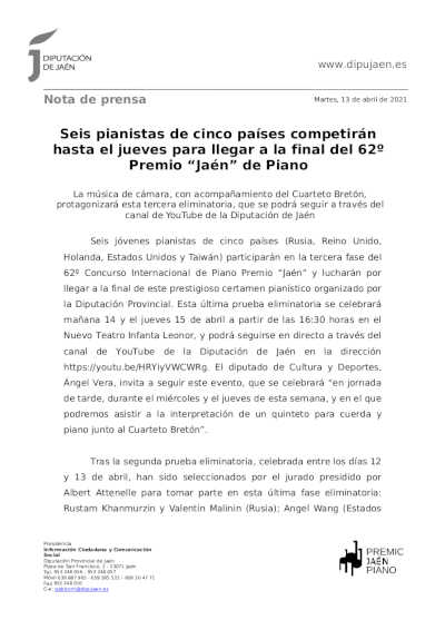 Seis pianistas de cinco países competirán hasta el jueves para llegar a la final del 62º Premio “Jaén” de Piano