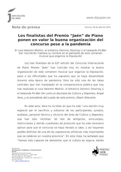 Los finalistas del Premio “Jaén” de Piano ponen en valor la buena organización del concurso pese a la pandemia