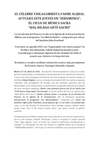 El violagambista Fahmi Alqhai actuará este jueves en «Zeremonia», «BAS, Bilbao Arte Sacro»