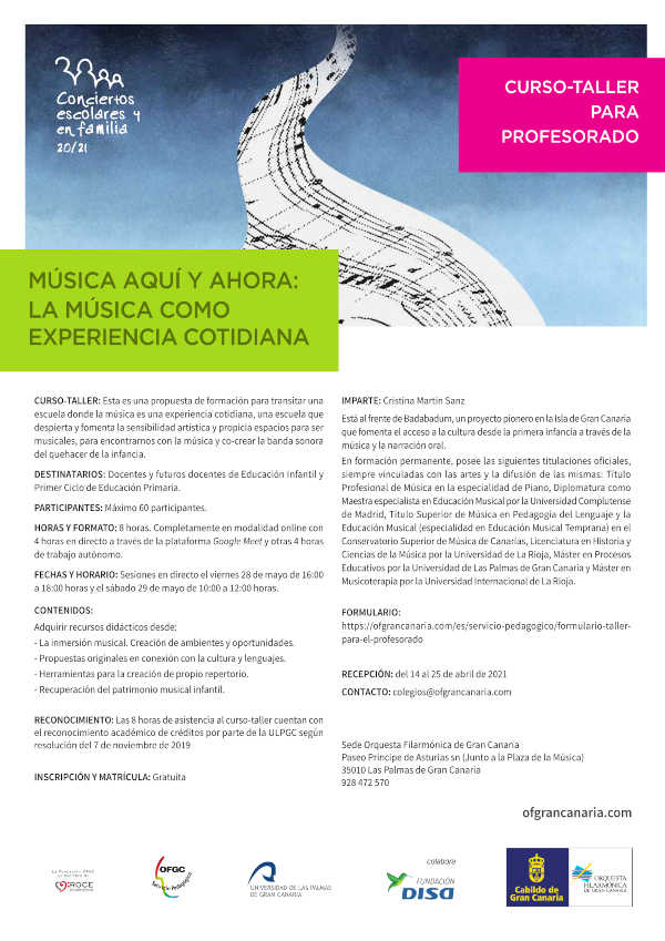 La Orquesta Filarmónica de Gran Canaria y la Fundación DISA convocan un curso-taller online para profesorado La Orquesta Filarmónica de Gran Canaria y la Fundación DISA convocan un curso-taller online para profesorado