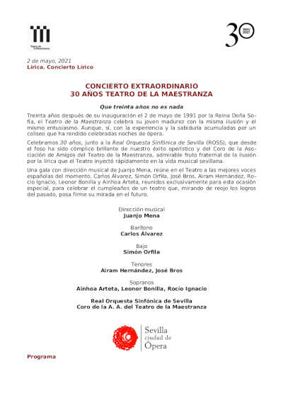 Celebra con nosotros el 30 Aniversario del Teatro de la Maestranza con un concierto extraordinario