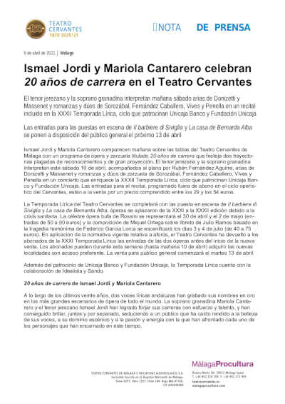 Ismael Jordi y Mariola Cantarero celebran 20 años de carrera en el Teatro Cervantes