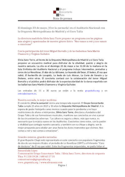 ¡Vive la zarzuela! en el Auditorio Nacional con la Orquesta Metropolitana de Madrid y el Coro Talía