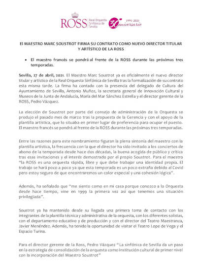 El maestro Marc Soustrot firma su contrato como nuevo director titular y artístico de la ROSS