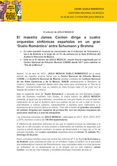 VI edición de ¡SOLO MÚSICA! El maestro James Conlon dirige a cuatro orquestas sinfónicas españolas
