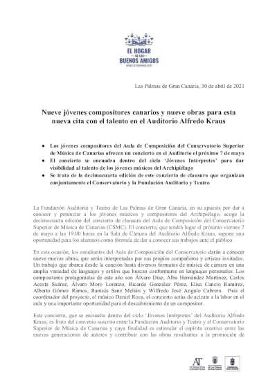 Nueve jóvenes compositores canarios y nueve obras para esta  nueva cita con el talento en el Auditorio Alfredo Kraus