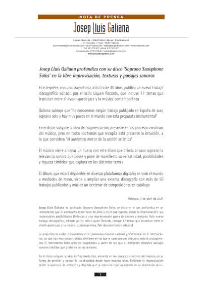 Josep Lluís Galiana profundiza con su disco ‘Soprano Saxophone Solos’