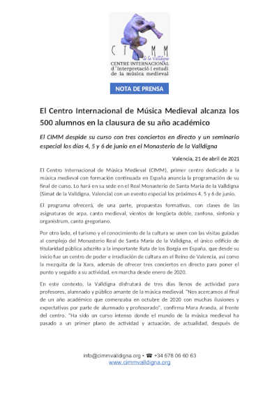 El Centro Internacional de Música Medieval alcanza los 500 alumnos en la clausura de su año académico