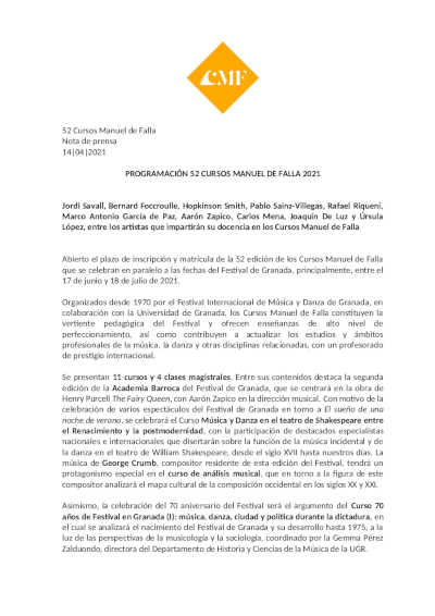 Presentada la programación de los 52º Cursos Manuel de Falla 2021