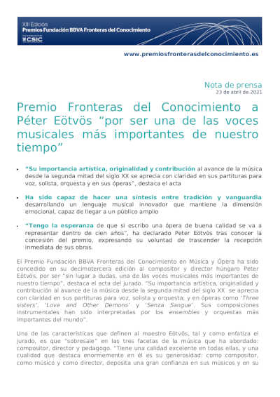 Premio Fronteras del Conocimiento a Péter Eötvös “por ser una de las voces musicales más importantes de nuestro tiempo”