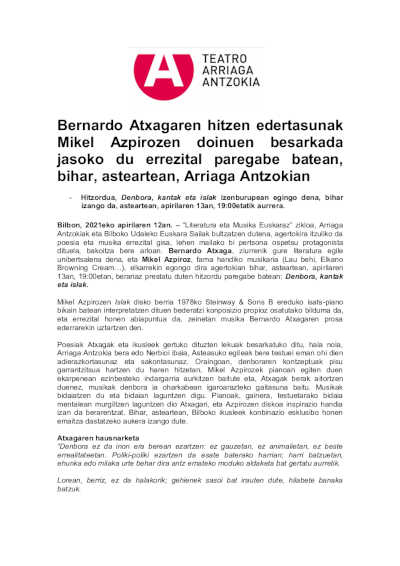 La belleza de la palabra de Bernardo Atxaga se deja abrazar por las melodías de Mikel Azpiroz en un recital único