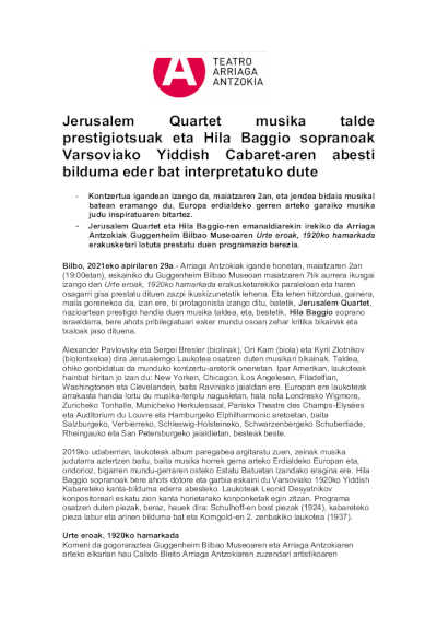 El Jerusalem Quartet y la soprano Hila Baggio interpretan colección de canciones de Yiddish Cabaret de Varsovia