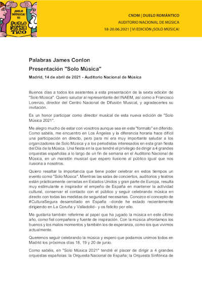 VI edición de ¡SOLO MÚSICA! El maestro James Conlon dirige a cuatro orquestas sinfónicas españolas