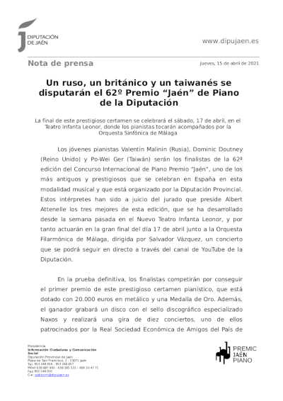 Un ruso, un británico y un taiwanés se disputarán el 62º Premio “Jaén” de Piano de la Diputación