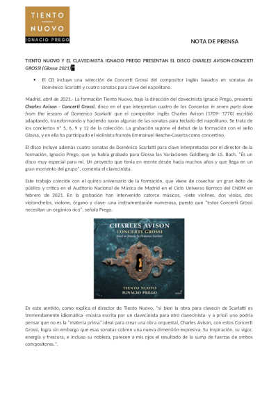 Tiento Nuovo y el clavecinista Ignacio Prego presentan el disco Charles Avison – Concerti Grossi