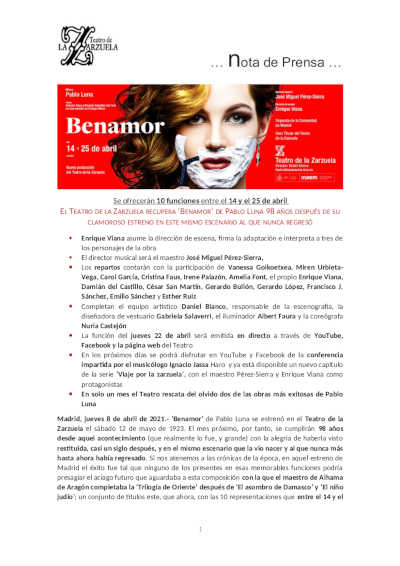 El Teatro de la Zarzuela recupera ‘Benamor’ de Pablo Luna 98 años después de su clamoroso estreno