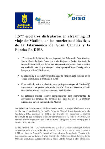 1.577 escolares disfrutarán en streaming del espectáculo El viaje de Matilda, en los conciertos didácticos