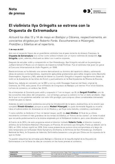 El violinista Ilya Gringolts se estrena con la Orquesta de Extremadura y el maestro Roberto Forés