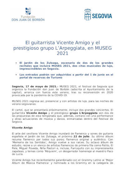 El guitarrista Vicente Amigo y el prestigioso grupo L’Arpeggiata, en MUSEG 2021