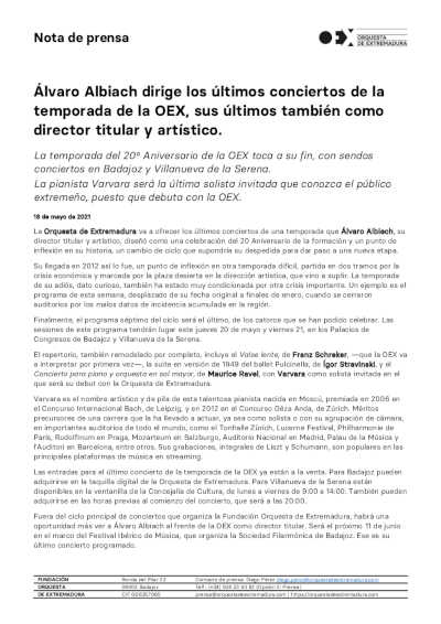 Álvaro Albiach dirige los últimos conciertos de la temporada de la OEX, sus últimos también como director titular y artístico