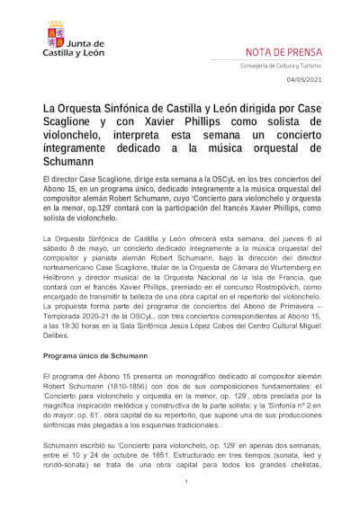 La Orquesta Sinfónica de Castilla y León dirigida por Case Scaglione y con música orquestal de Schumann