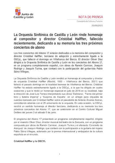 La Orquesta Sinfónica de Castilla y León rinde homenaje al compositor y director Cristóbal Halffter, fallecido recientemente