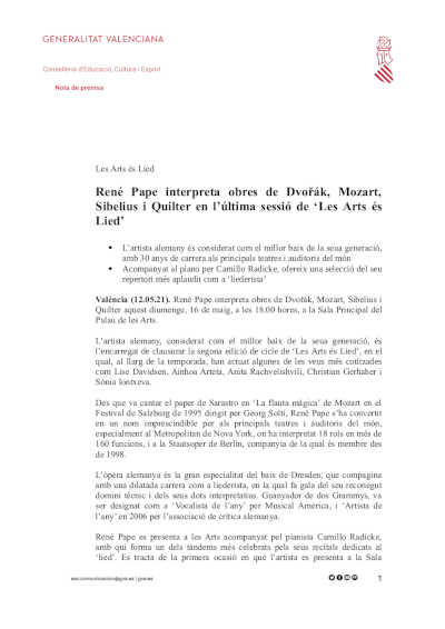 René Pape interpreta obras de Dvořák, Mozart, Sibelius y Quilter en el Palau de Les Arts