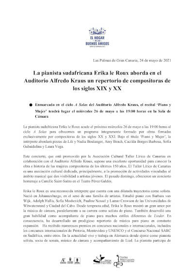 La pianista sudafricana Erika le Roux aborda un repertorio de compositoras de los siglos XIX y XX La pianista sudafricana Erika le Roux aborda un repertorio de compositoras de los siglos XIX y XX