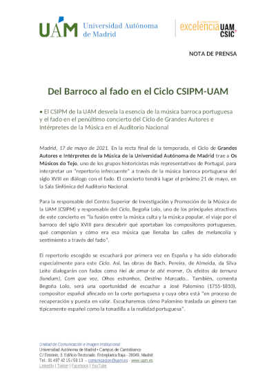 Del Barroco al fado en el Ciclo Grandes Autores e Intérpretes de la Música de la UAM